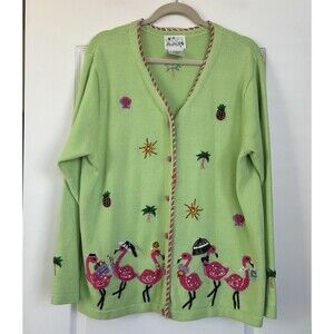 The Quacker Factory Cardigan Sweater Womens Size L Green Knit Flamingo Artsy Vtg